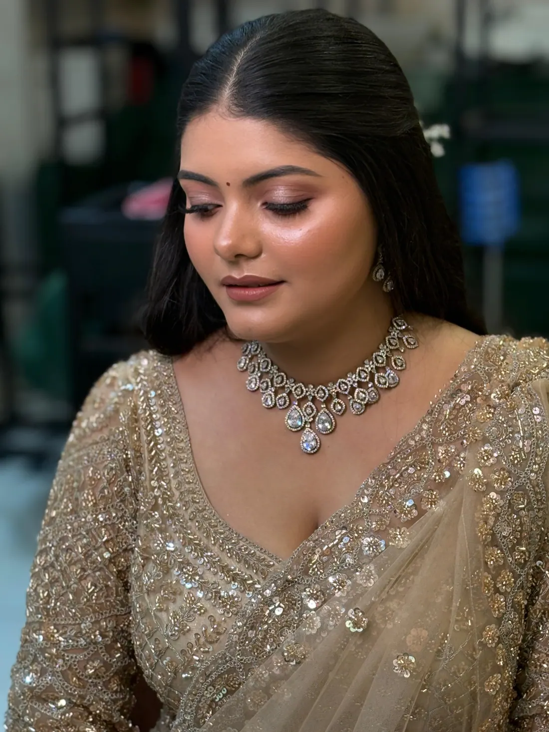Champagne Light makeup showing Charu Patel's luminous skin finish